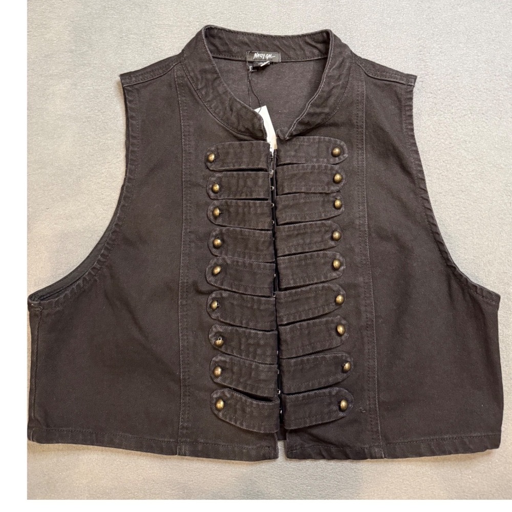 Nasty Gal Military Vest Black Denim Bandmaster Cropped Steampunk Gothic US 12
